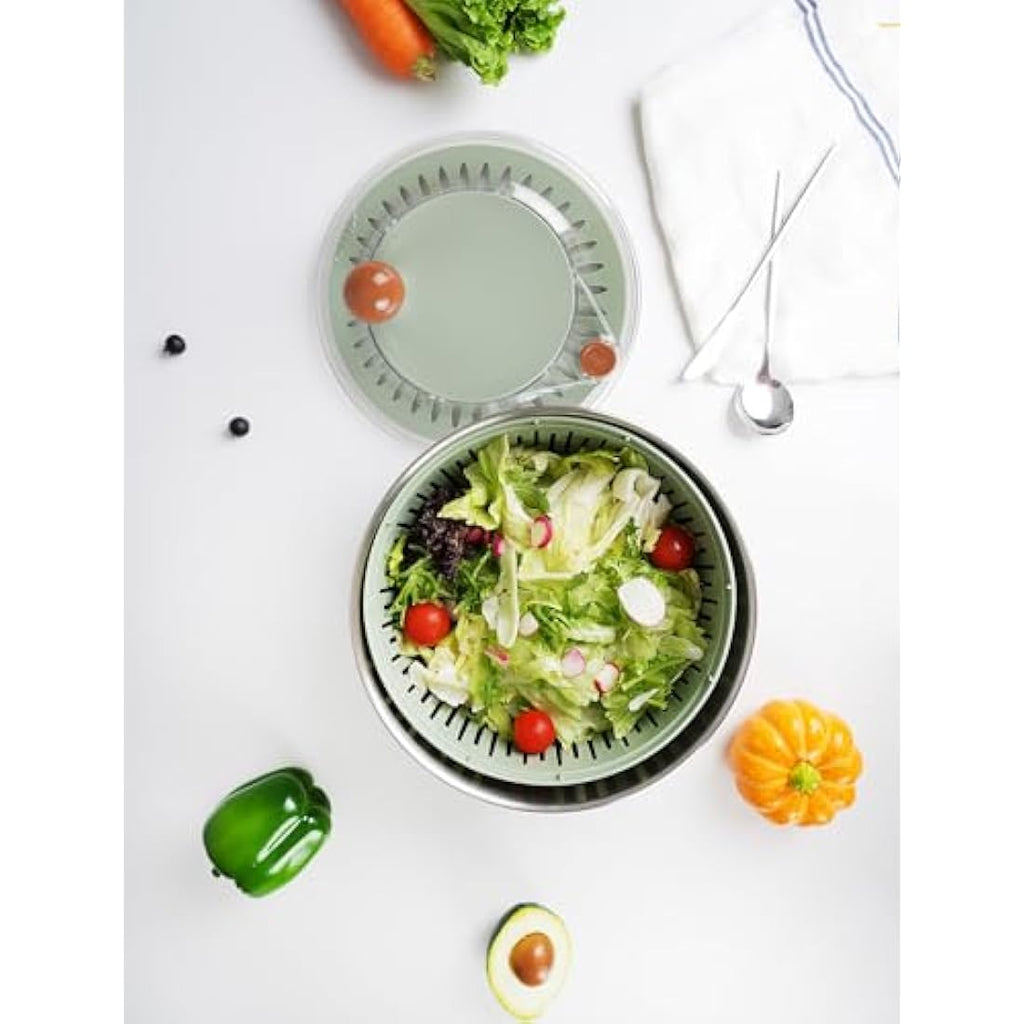 Lunememo Stainless Steel Salad Spinner – 5L Large Lettuce Dryer Bowl