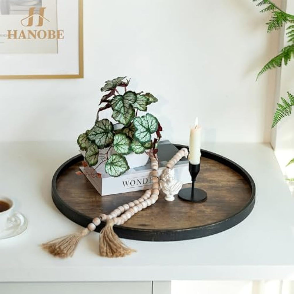 Hanobe 45cm Round Wooden Serving Tray – Rustic Ottoman Coffee Table Decor