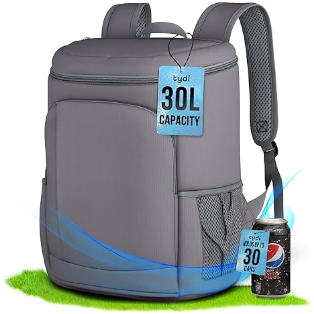 Tydi Insulated Cooler Backpack – 30L Leakproof Hiking Rucksack, Grey