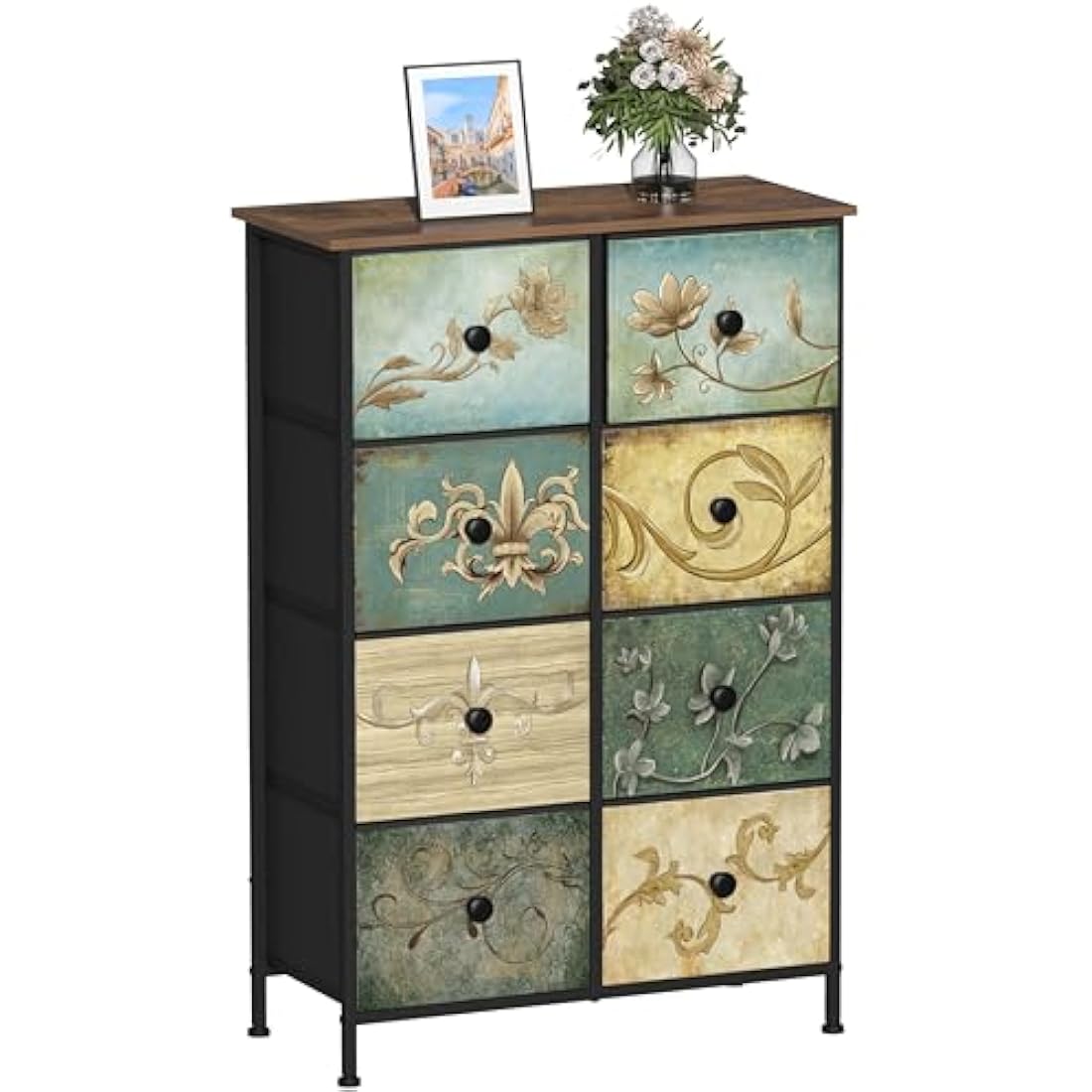 VEDECASA 8 Drawer Tall Dresser – Retro Floral Fabric Storage Chest