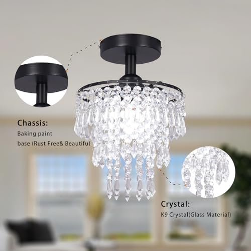 FRIXCHUR Mini Crystal Chandelier – 3-Tier Black Flush Mount Ceiling Light
