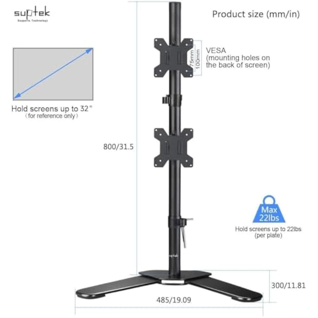 Suptek Dual Monitor Stand – 80cm Tall Vertical Mount for 13-27" Screens