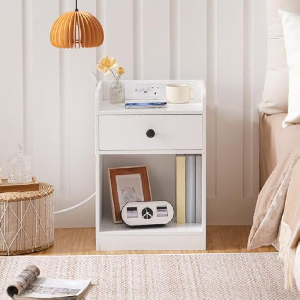 HOOBRO White Bedside Table with Charging Station and Drawer