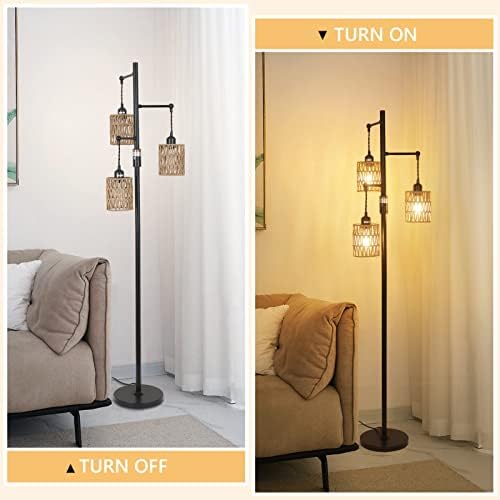 Rayofly Rattan Floor Lamp | Dimmable 3-Light Boho Standing Lamp for Living Room