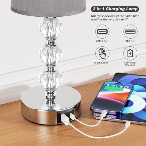 Aooshine Crystal Grey Touch Table Lamp | 3-Way Dimmable with USB C+A Ports