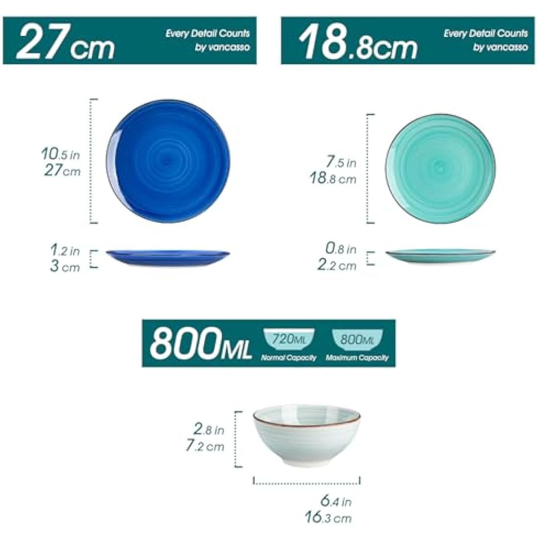 vancasso Bonita 18-Piece Blue Stoneware Dinnerware Set for 6