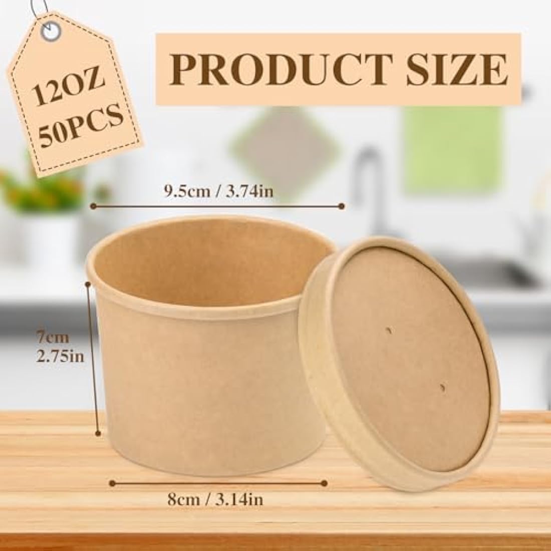 12oz Kraft Paper Soup Cups with Lids - 50 Pack Disposable Bowls