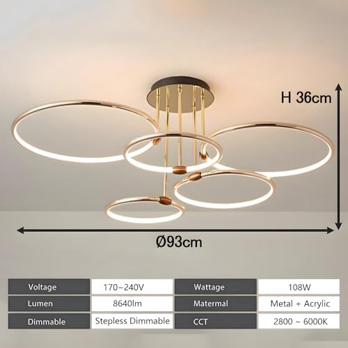 YYUTLUO Modern LED Ceiling Light – 108W Gold 5-Ring Dimmable Chandelier