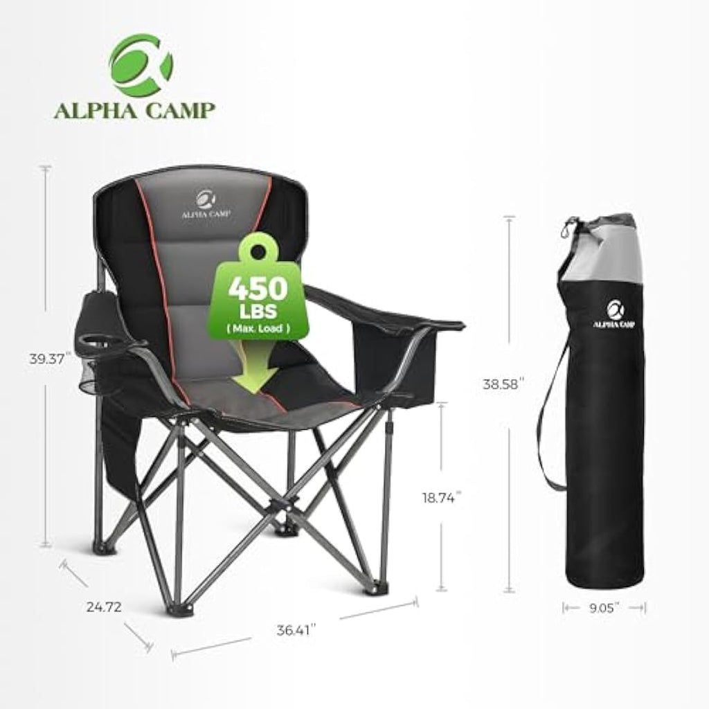 ALPHA CAMP Set of 2 Heavy Duty Camping Chairs with Cooler Bag – Black