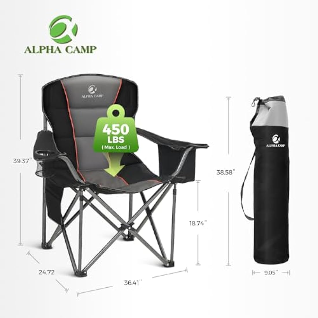 ALPHA CAMP Set of 2 Heavy Duty Camping Chairs with Cooler Bag – Black