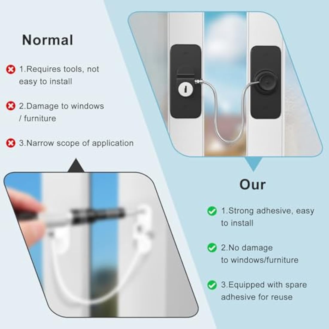 AOSITE Window Safety Lock 2-Pack – Self-Adhesive Childproof Cable Lock