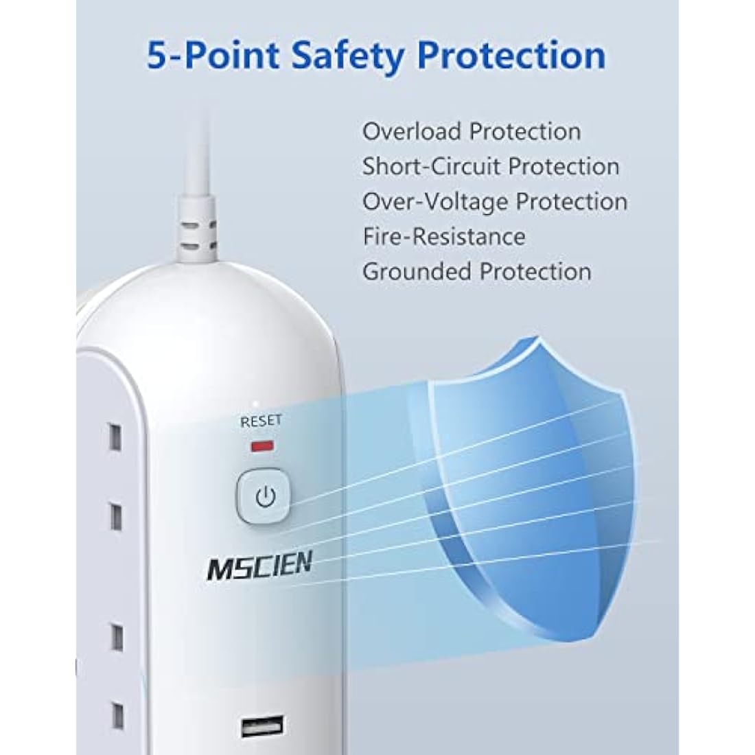 Mscien 5M Extension Lead | 6 Way Power Strip with 5 USB Ports & USB-C