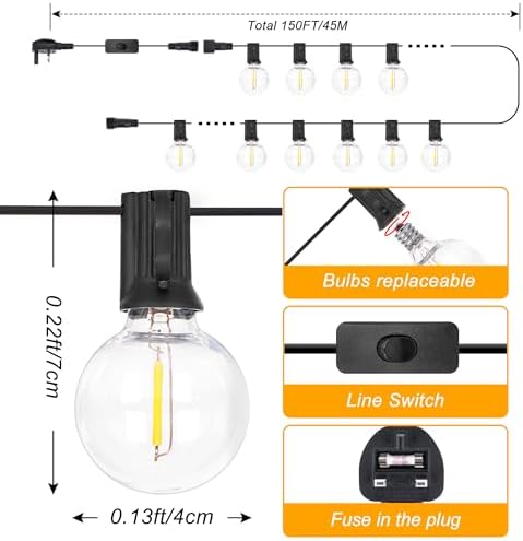 DSLebeen 150FT LED Festoon Lights – G40 Outdoor Garden String Lights