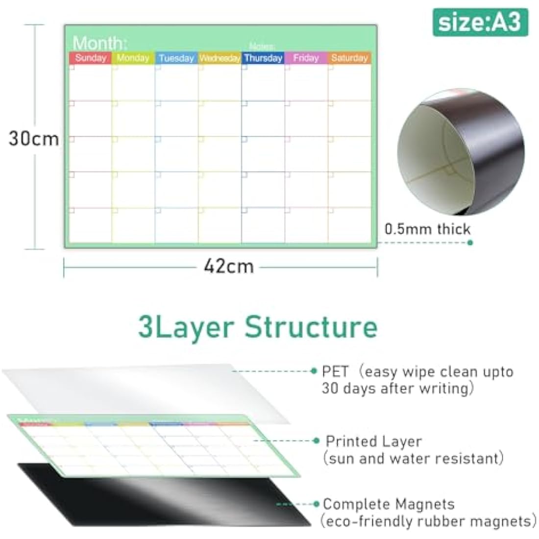 Magnetic Fridge Calendar | A3 Monthly Dry Erase Whiteboard