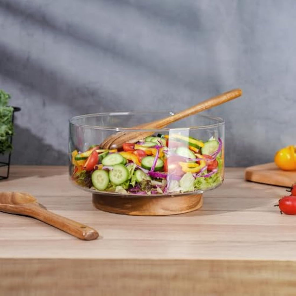 NiHome 3600ML Glass Salad Bowl with Acacia Wood Base and Tongs