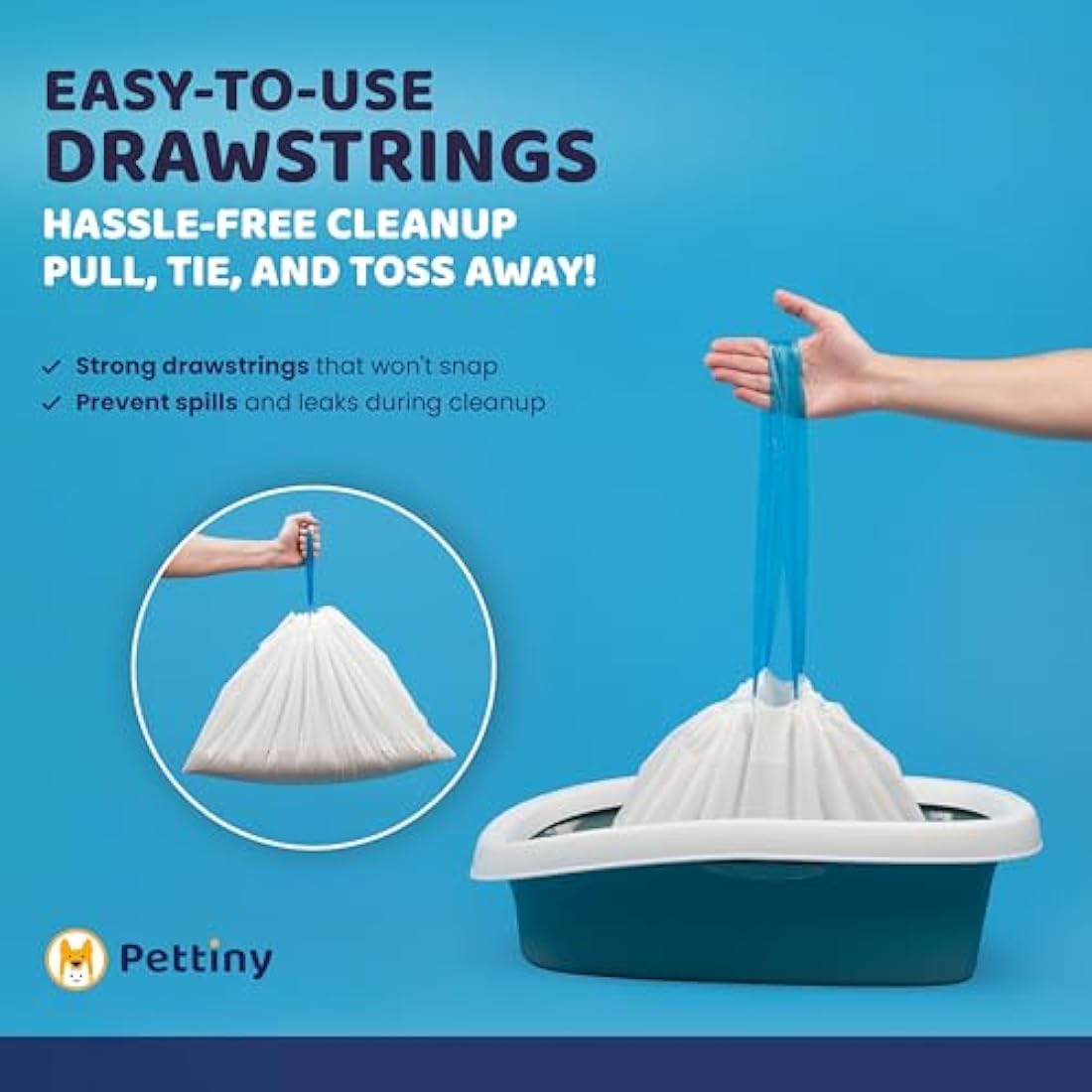 Pettiny Cat Litter Tray Liners – 20 Pack Scratch Resistant Drawstring Bags