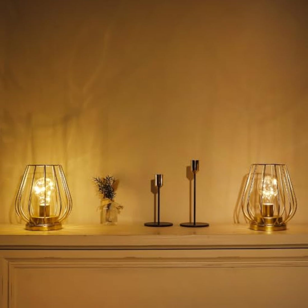 Metal Battery Operated Table Lamp – Set of 2 Gold Cage Lanterns