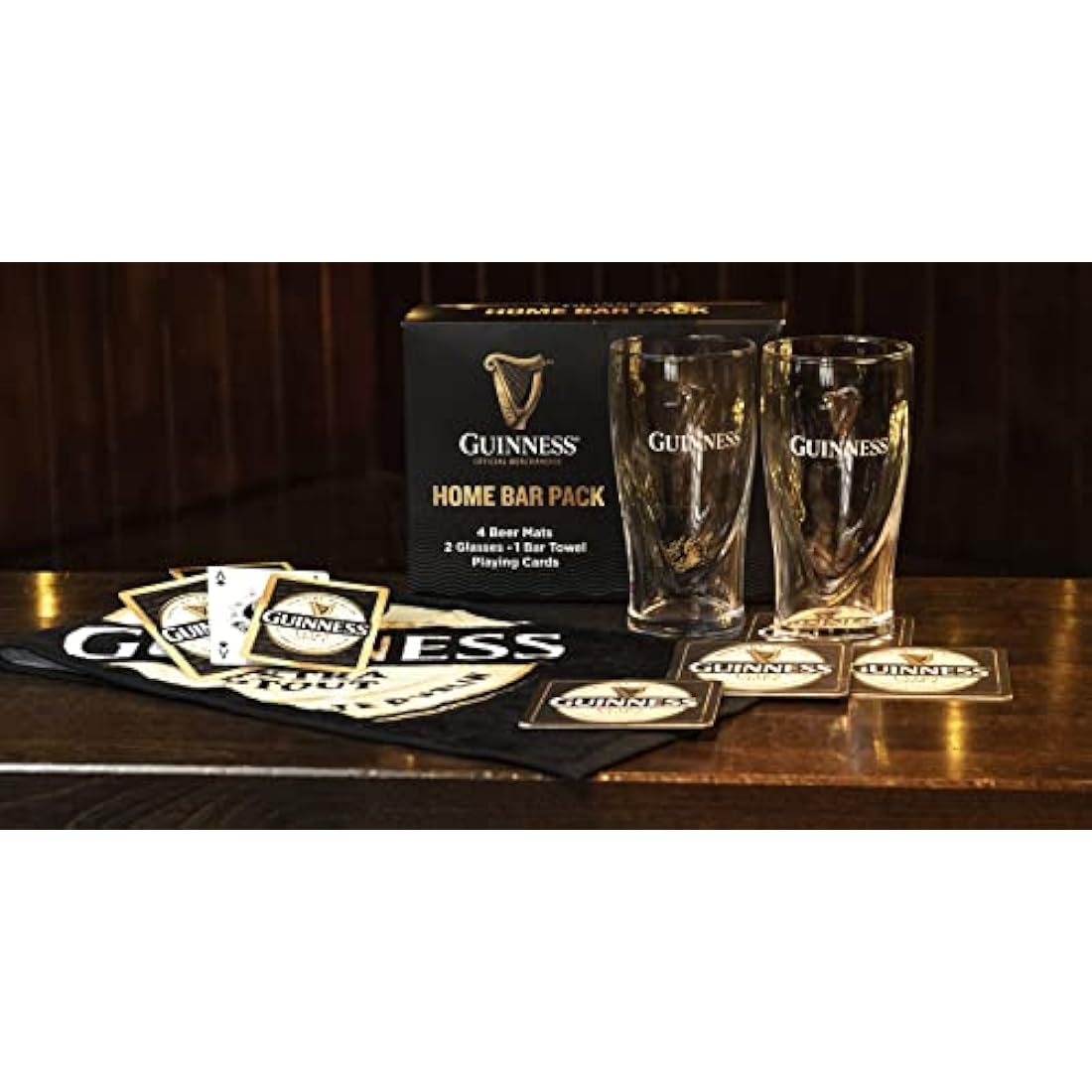 Guinness Home Bar Set – Gravity Pint Glasses, Bar Towel & Playing Cards