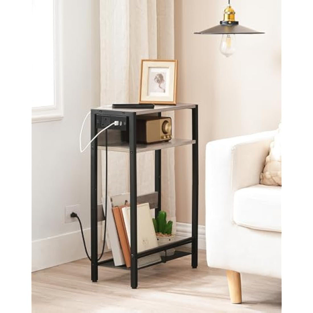 CHOEZON Narrow Side Table with Charging Station | Slim Greige Nightstand