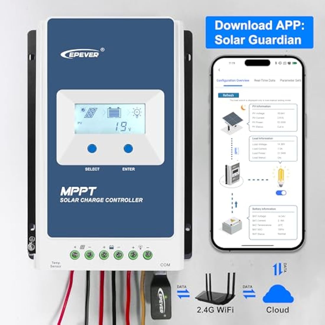 EPEVER 40A MPPT Solar Charge Controller 12V/24V with WiFi Adapter