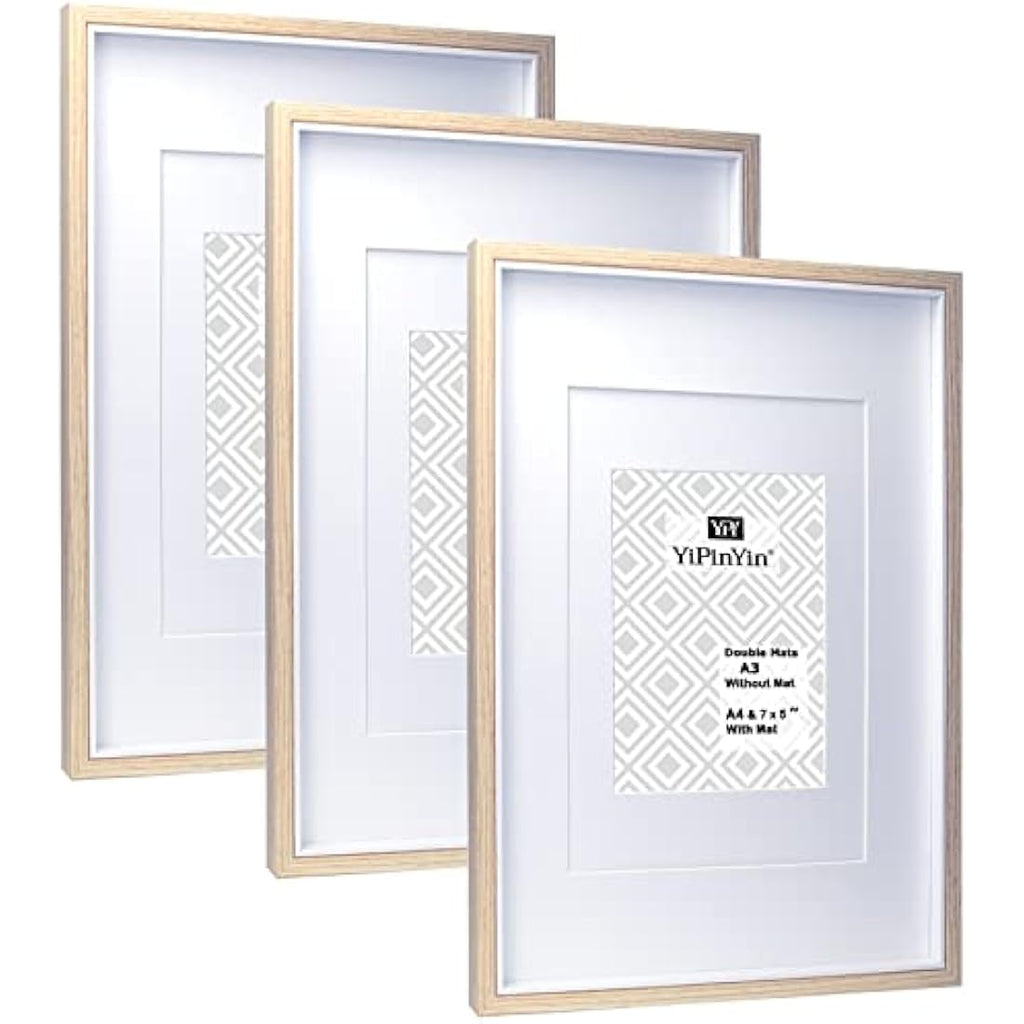 YiPinYin A3 Two-Tone Wooden Picture Frames - Set of 3 with Double Mounts