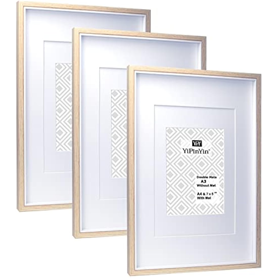YiPinYin A3 Two-Tone Wooden Picture Frames - Set of 3 with Double Mounts