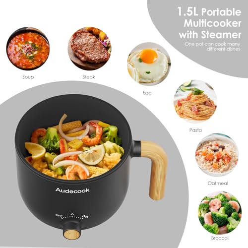Audecook Electric Hot Pot with Steamer – 1.5L Portable Non-Stick Cooker