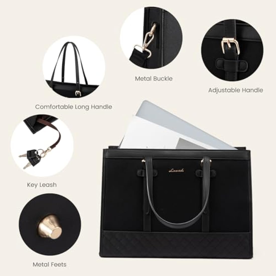 Jolof Store 15.6 Inch Laptop Bag for Women | Leather Work Tote - Black
