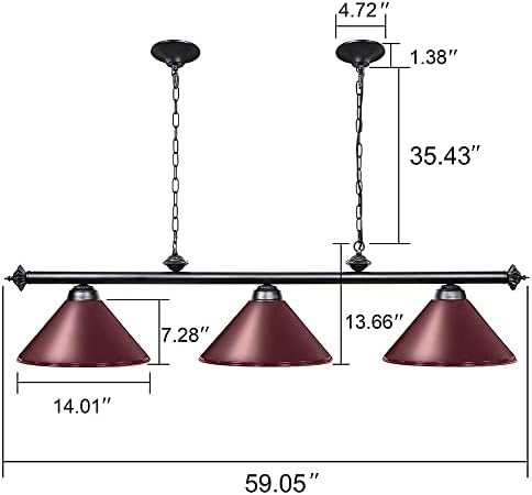Wellmet 59-Inch 3-Light Pool Table Light | Matte Red/White Billiard Lamp
