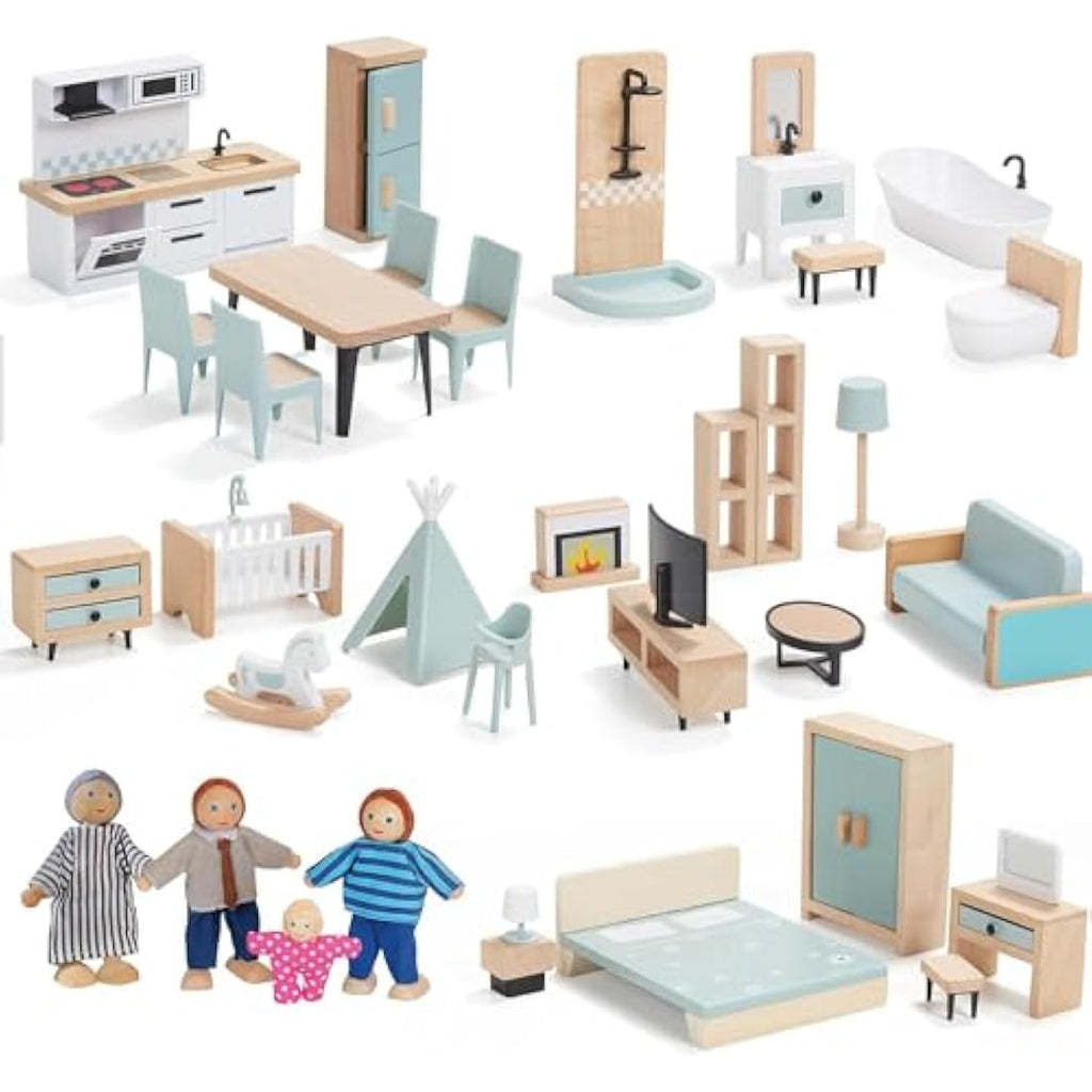 Giant Bean Wooden Dollhouse Furniture Set | 36pcs with 4 Family Dolls