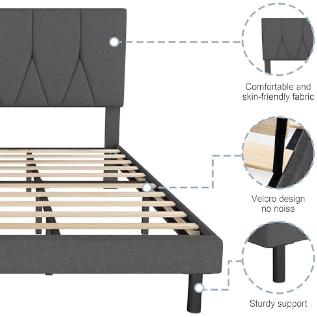 Double Upholstered Bed Frame with Storage - Dark Grey