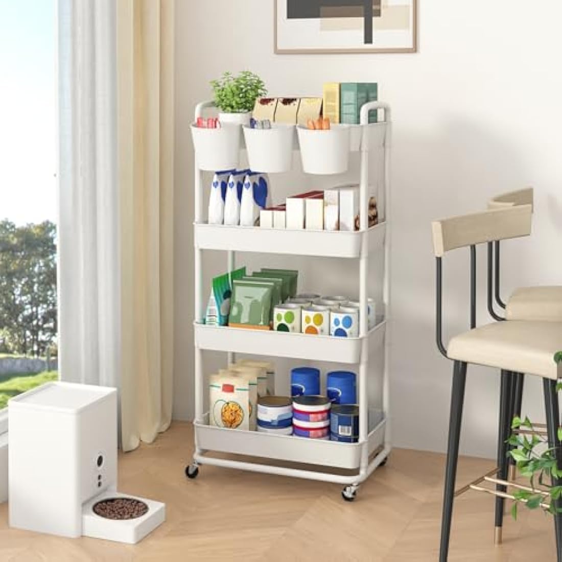 JIUYOTREE 4-Tier Rolling Utility Cart with Handles and Wheels - White