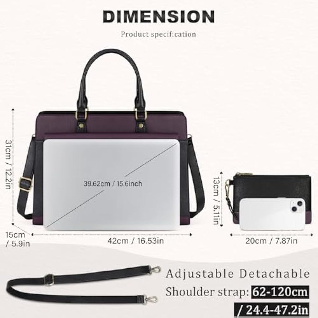 15.6 Inch Laptop Tote Bag – Purple PU Leather Work Handbag