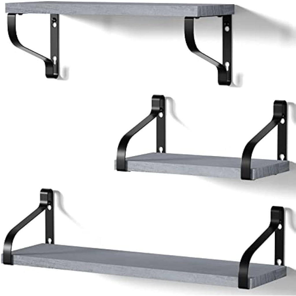 Love-KANKEI Rustic Floating Shelves – Set of 3 Wood Wall Shelves, Grey