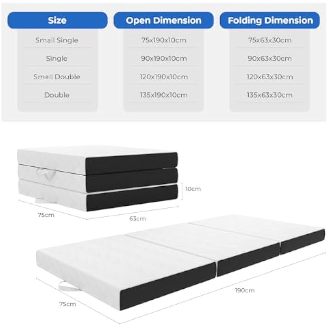 Vesgantti Small Double Folding Mattress – 10cm Gel Memory Foam Tri-fold