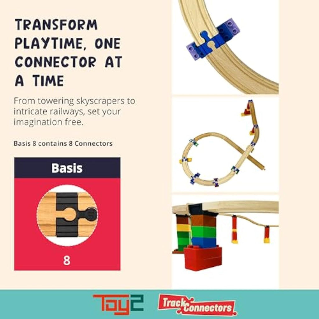 TOY2 Track Connectors – 8 Piece Set for Wooden Railway & Duplo