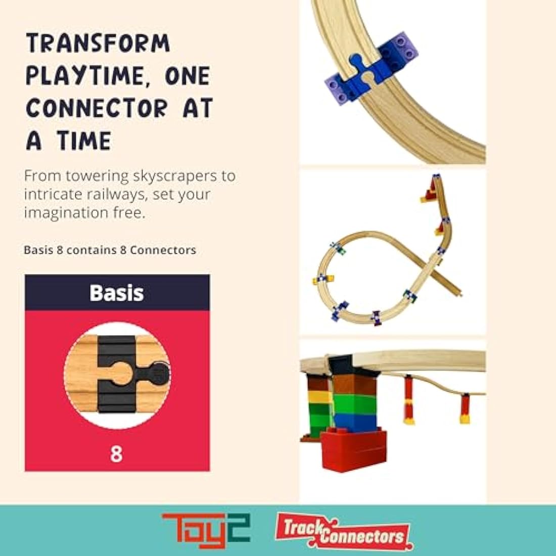 TOY2 Track Connectors – 8 Piece Set for Wooden Railway & Duplo