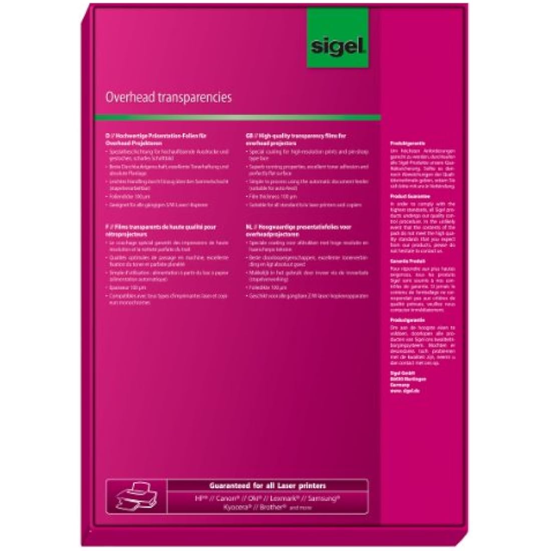 Sigel A4 Transparency Film for B/W Laser & Copier, 100 Mic, 100 Sheets