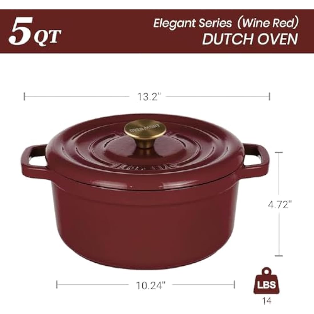 Overmont 5L Enameled Cast Iron Dutch Oven – 26cm Bread Baking Pot, Red