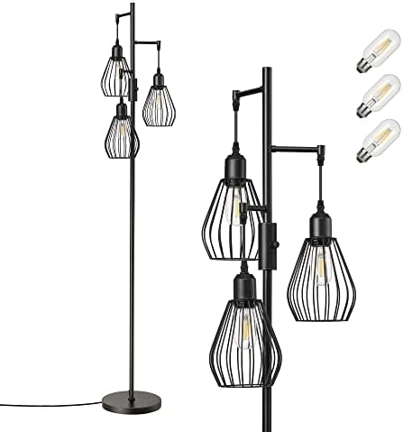 EDISHINE Industrial Dimmable Floor Lamp – 3-Light Metal Cage Standing Lamp