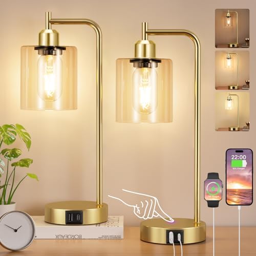 Aooshine Industrial Touch Bedside Lamps Set of 2 | Gold with USB C+A