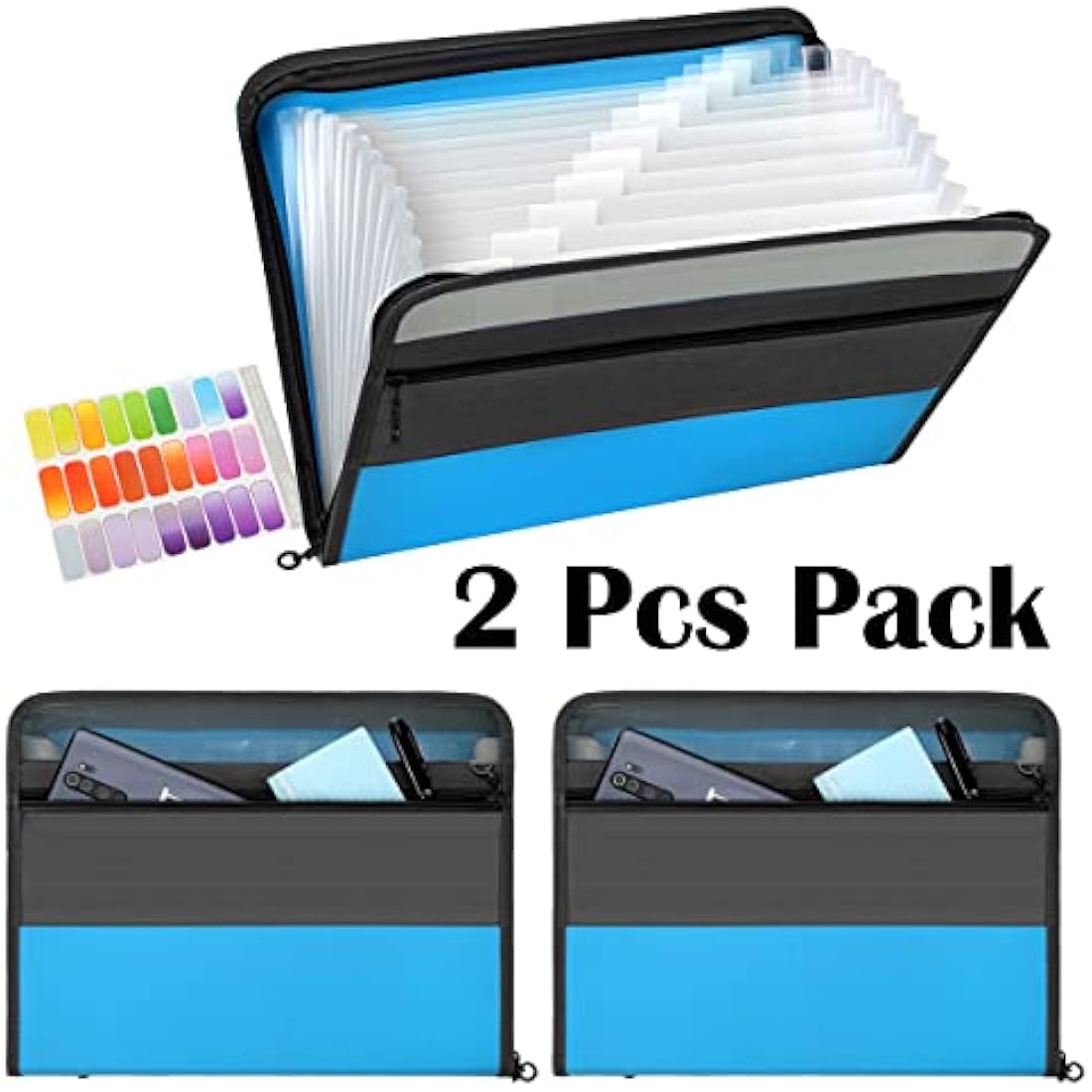 Tranbo A4 Expanding File Folder with Zipper - 2 Pack Blue Document Organizer