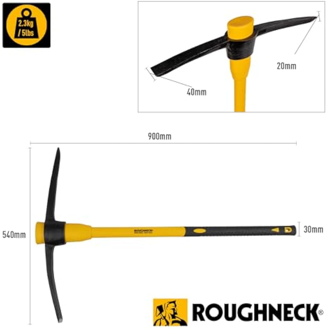 Roughneck 5lb Pick Axe with Fibreglass Handle - Heavy Duty Root Removal
