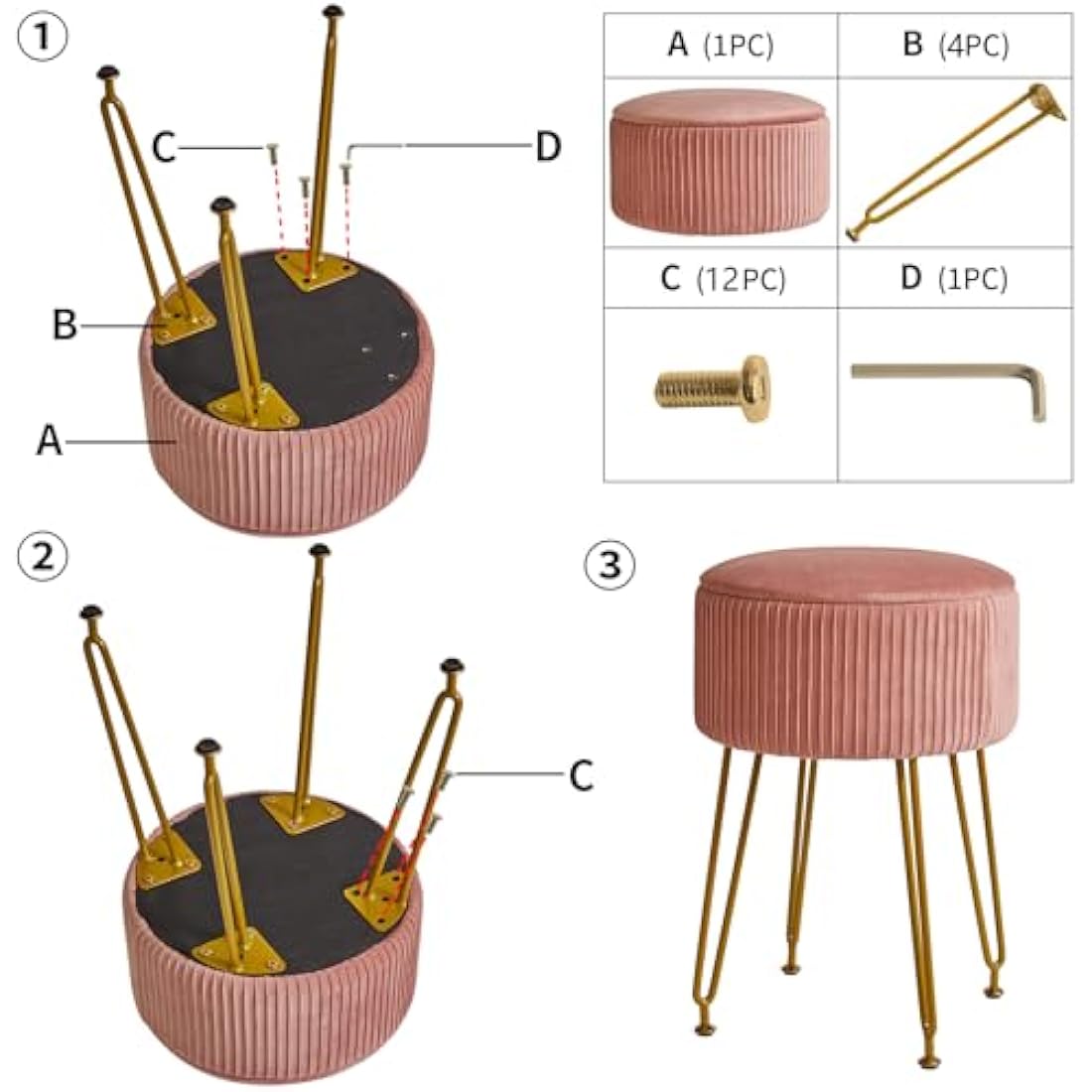 IBUYKE Velvet Storage Ottoman Stool with Gold Legs – Pink Vanity Chair