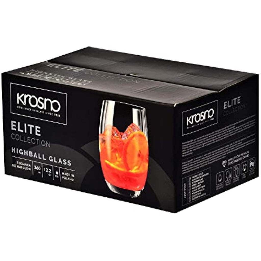 Krosno Elite Crystal Water Tumblers – 360ml Juice Glasses, Set of 6