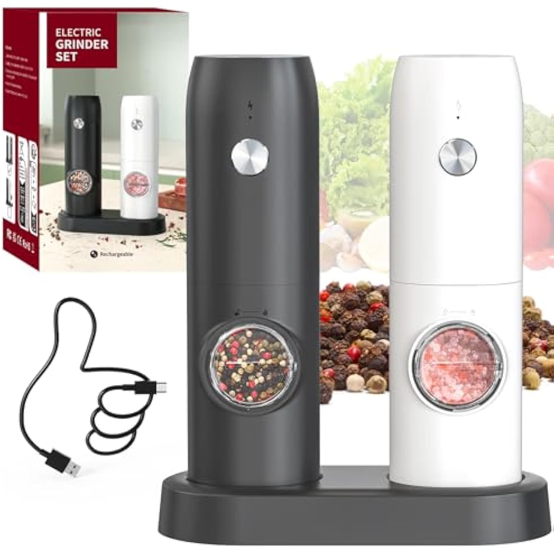 CIRCLE JOY Electric Salt and Pepper Grinder Set – Rechargeable 2-Pack