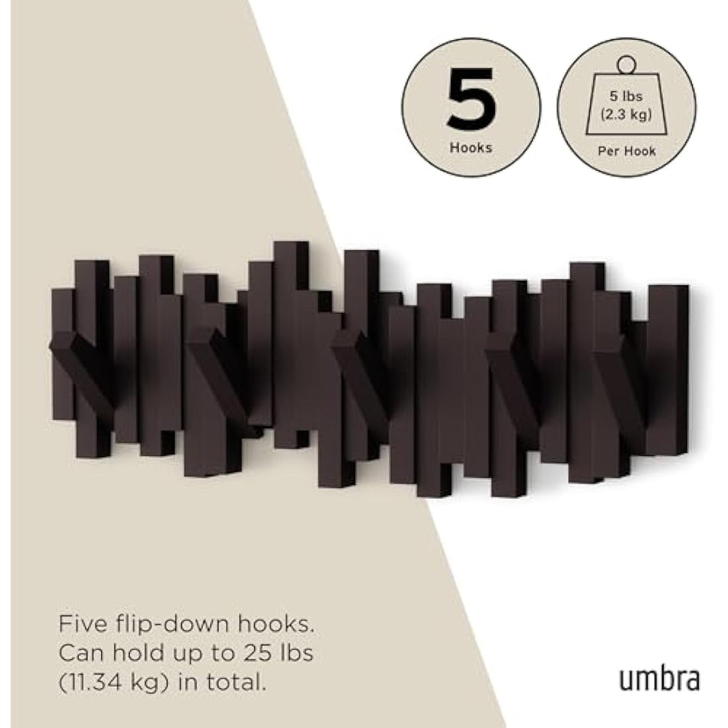 Umbra Sticks Multi Hook Wall Coat Rack – 5 Flip-Down Hooks, Espresso