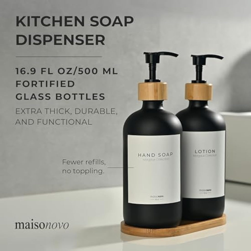 MaisoNovo Soap and Lotion Dispenser Set of 3 | Bamboo Pumps and Tray