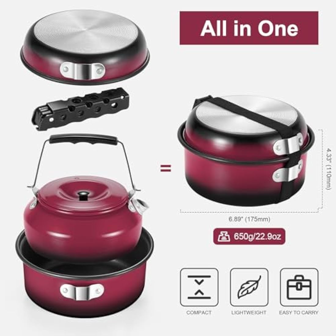 Odoland 5pcs Camping Cookware Mess Kit | Non-Stick Aluminum Pot Pan Set