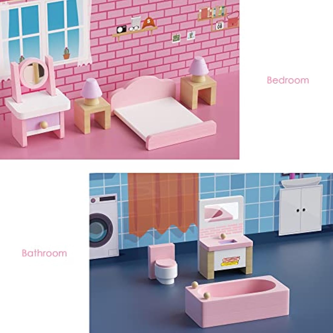 Lawcephun 22-Piece Wooden Dollhouse Furniture Set, 1:12 Scale Pink Kit